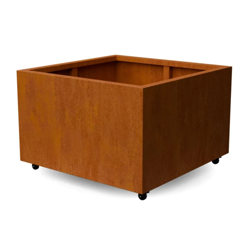 Jardinière en acier corten carrée avec roulettes 100x100x60 cm