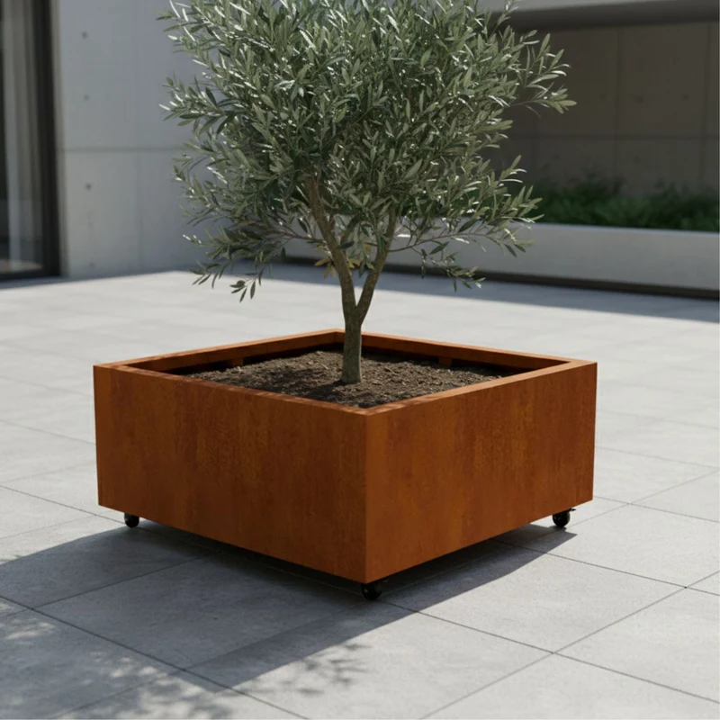 Jardinière en acier corten carrée avec roulettes 100x100x40 cm
