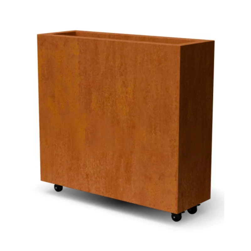 Jardinière en acier corten allongée avec roulettes 90x30x80 cm