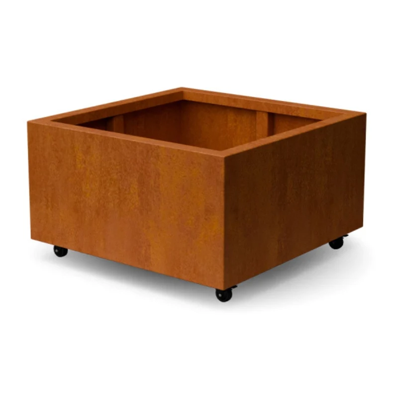 Jardinière en acier corten carrée avec roulettes 80x80x40 cm