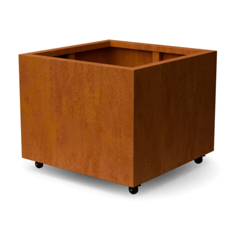 Jardinière en acier corten carrée avec roulettes 80x80x60 cm