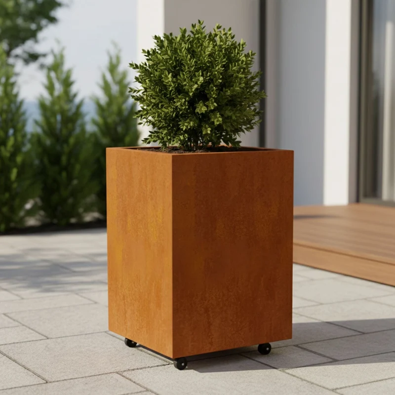 Jardinière en acier corten carrée avec roulettes 50x50x100 cm