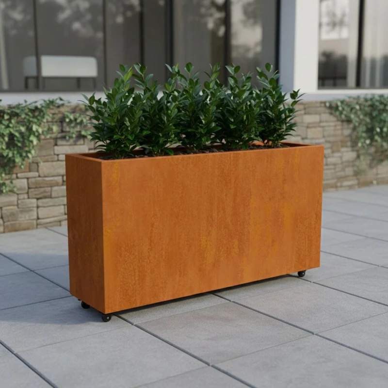 Jardinière en acier corten allongée avec roulettes 150x40x80 cm