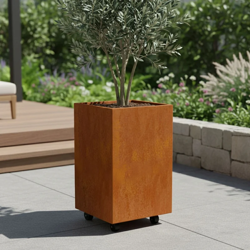 Jardinière en acier corten carrée avec roulettes 40x40x100 cm