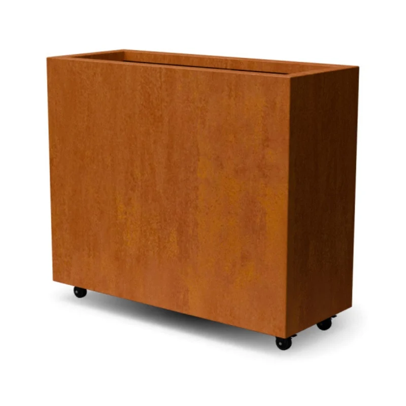 Jardinière en acier corten allongée avec roulettes 120x40x80 cm