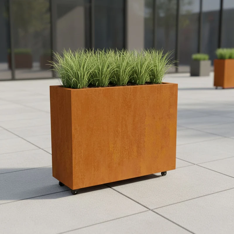 Jardinière en acier corten allongée avec roulettes 100x40x80 cm