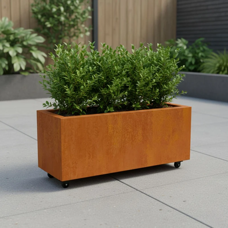 Jardinière en acier corten allongée avec roulettes 100x40x40 cm