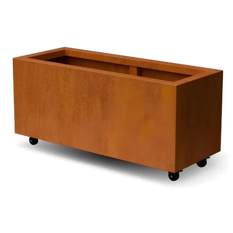 Jardinière en acier corten allongée avec roulettes 100x40x40 cm