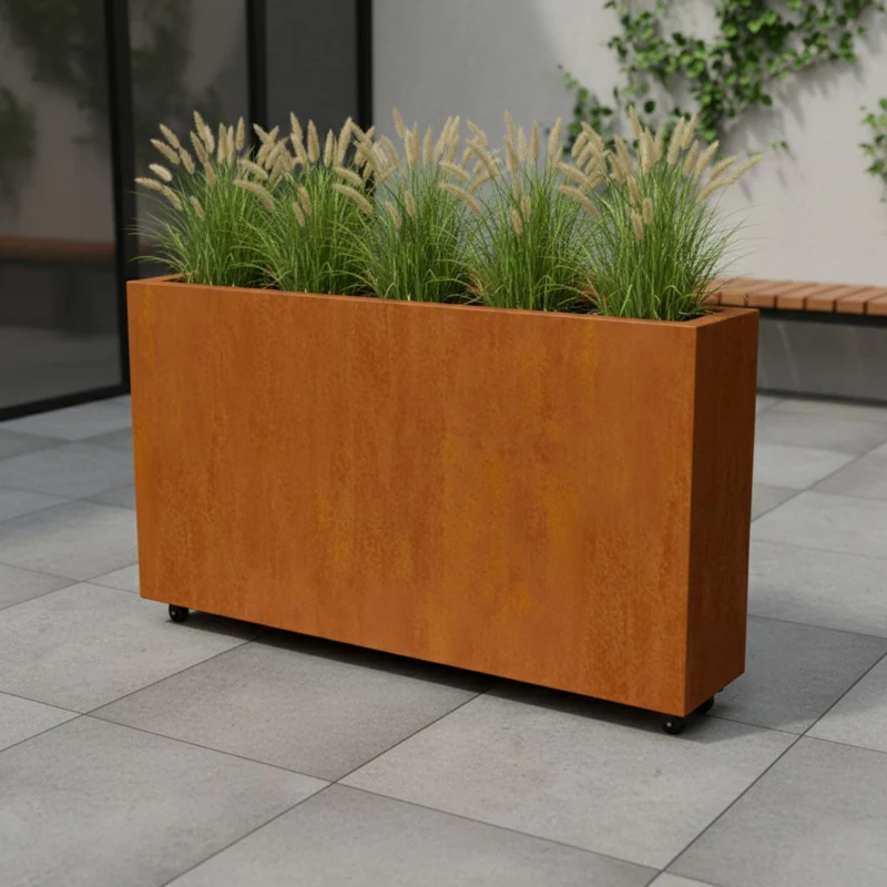 Jardinière en acier corten allongée avec roulettes 150x30x80 cm