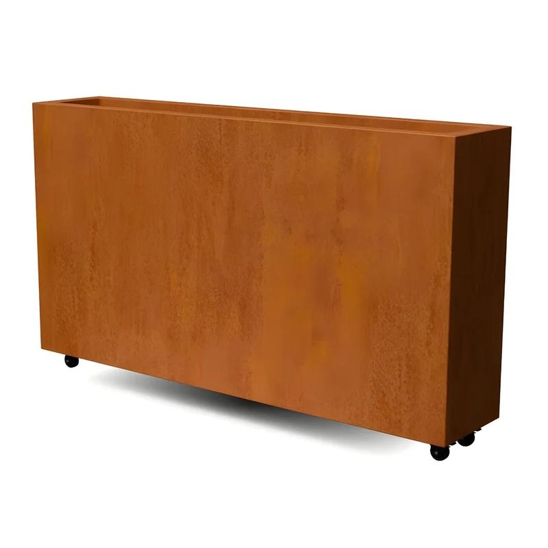 Jardinière en acier corten allongée avec roulettes 150x30x80 cm