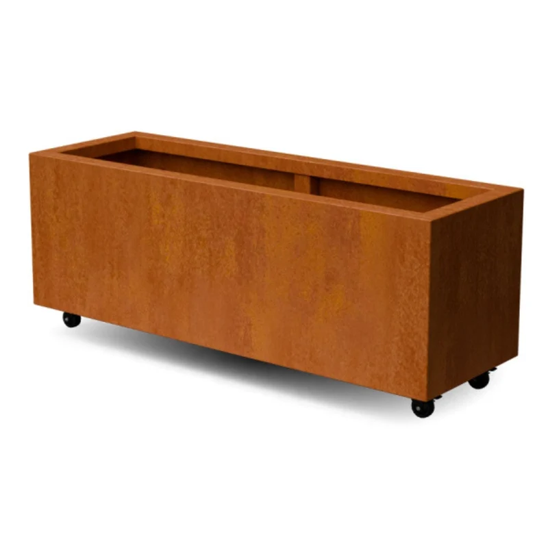 Jardinière en acier corten allongée avec roulettes 120x40x40 cm