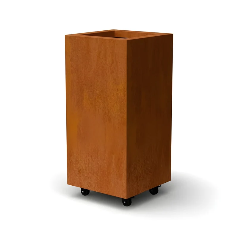 Jardinière en acier corten carrée avec roulettes 40x40x80 cm