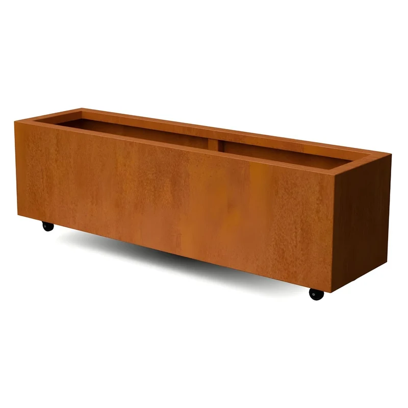 Jardinière en acier corten allongée avec roulettes 150x40x40 cm