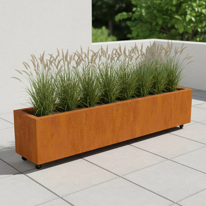 Jardinière en acier corten allongée avec roulettes 200x40x40 cm