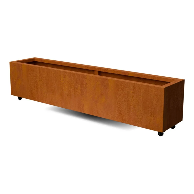 Jardinière en acier corten allongée avec roulettes 200x40x40 cm