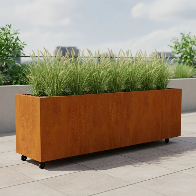 Jardinière en acier corten allongée avec roulettes 200x50x60 cm