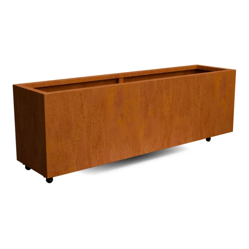 Jardinière en acier corten allongée avec roulettes 200x50x60 cm