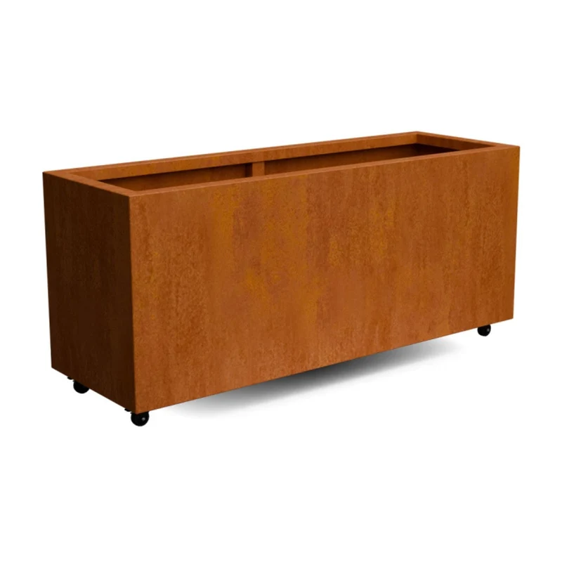 Jardinière en acier corten allongée avec roulettes 150x50x60 cm