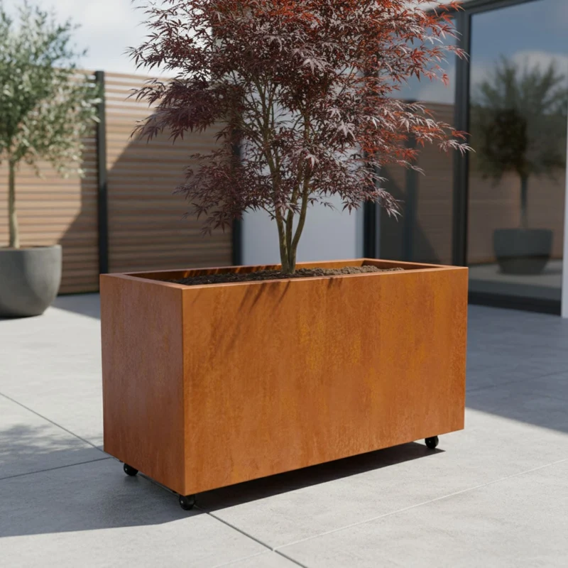 Jardinière en acier corten allongée avec roulettes 120x50x60 cm