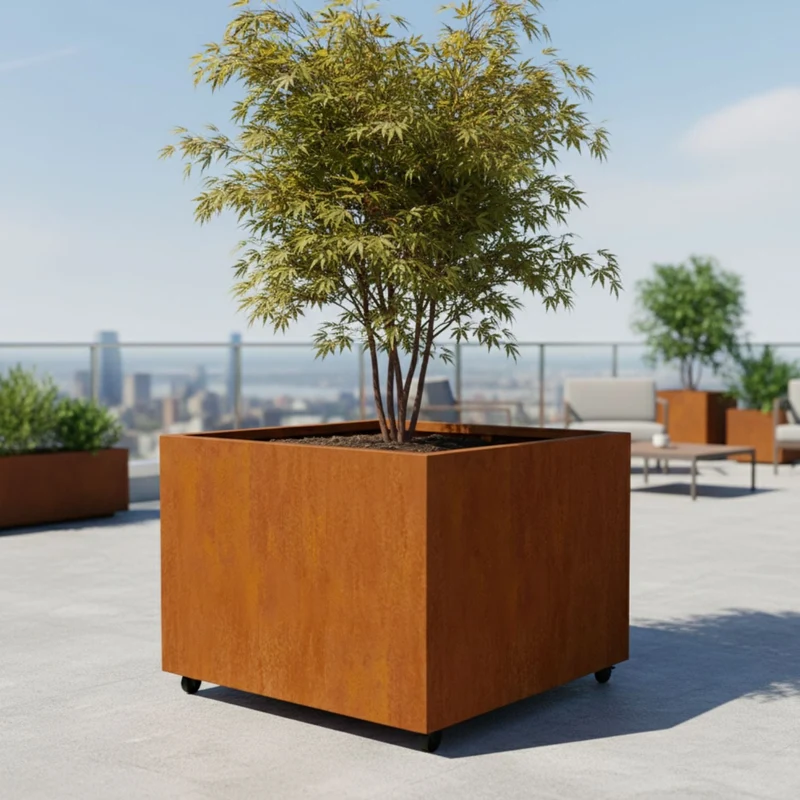 Jardinière en acier corten carrée avec roulettes 120x120x80 cm