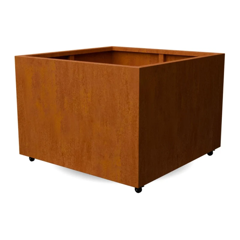 Jardinière en acier corten carrée avec roulettes 120x120x80 cm