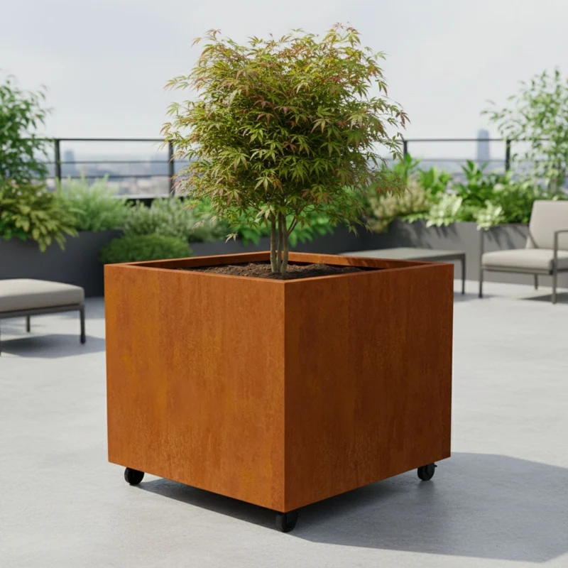 Jardinière en acier corten carrée avec roulettes 100x100x80 cm