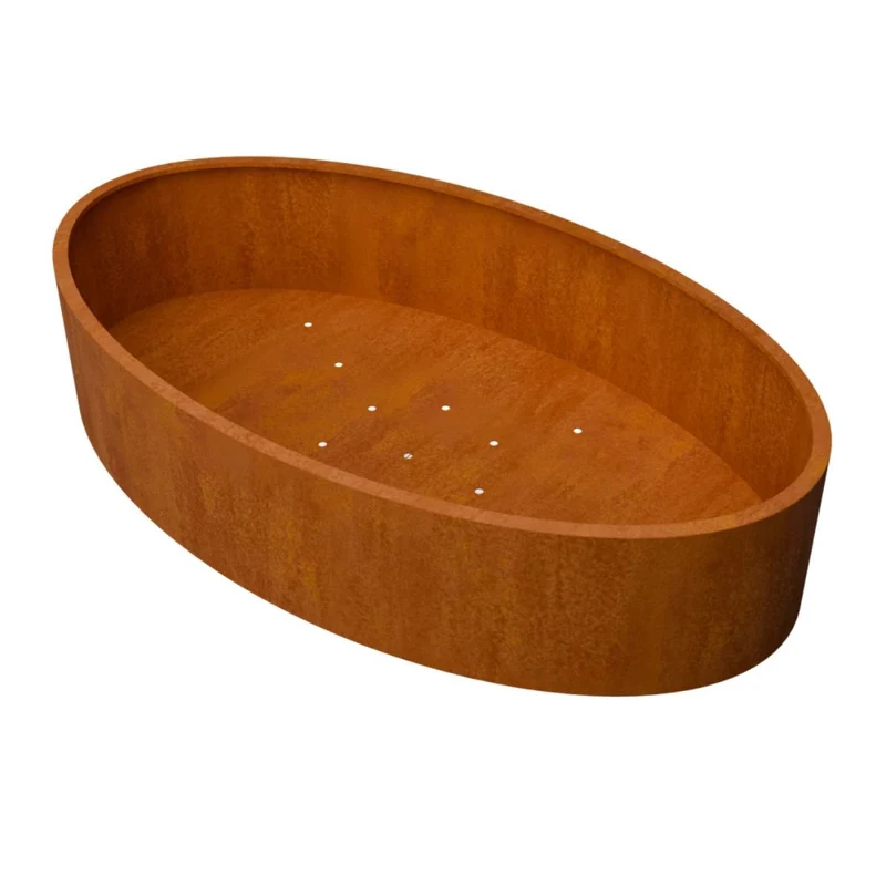Jardinière en acier corten elliptique avec fond 280x160x60 cm