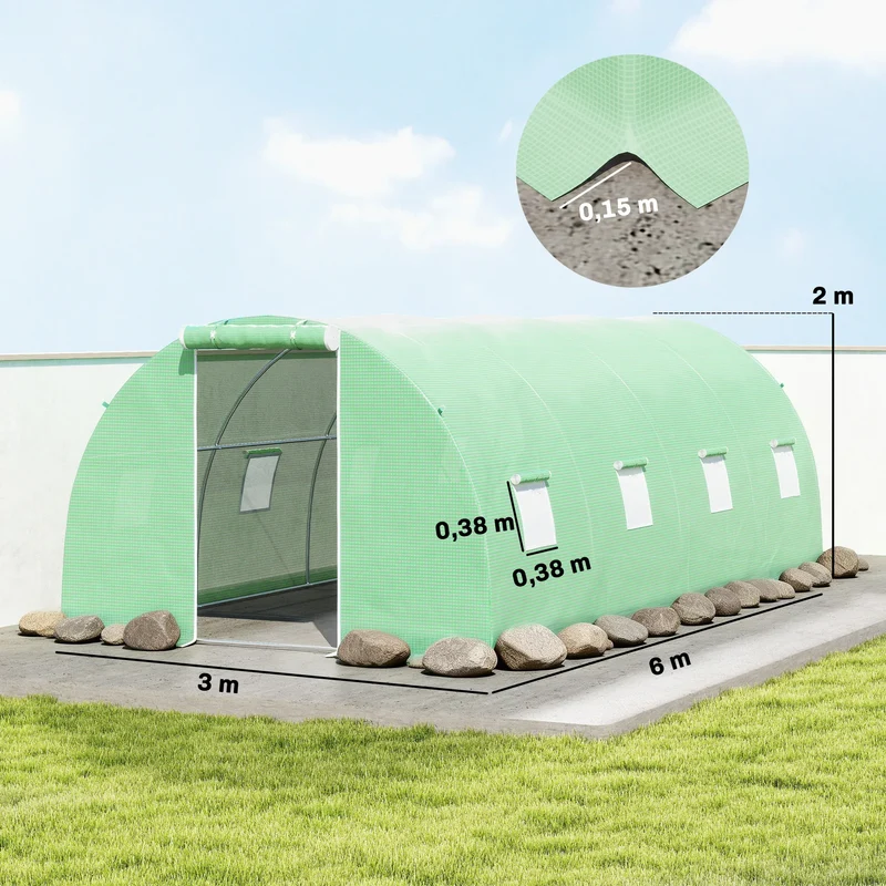 Serre Tunnel de Jardin 18 m² (6 × 3 × 2 m) – 8 Fenêtres, Porte Zippée, Acier Galvanisé & Bâche PE Anti-UV