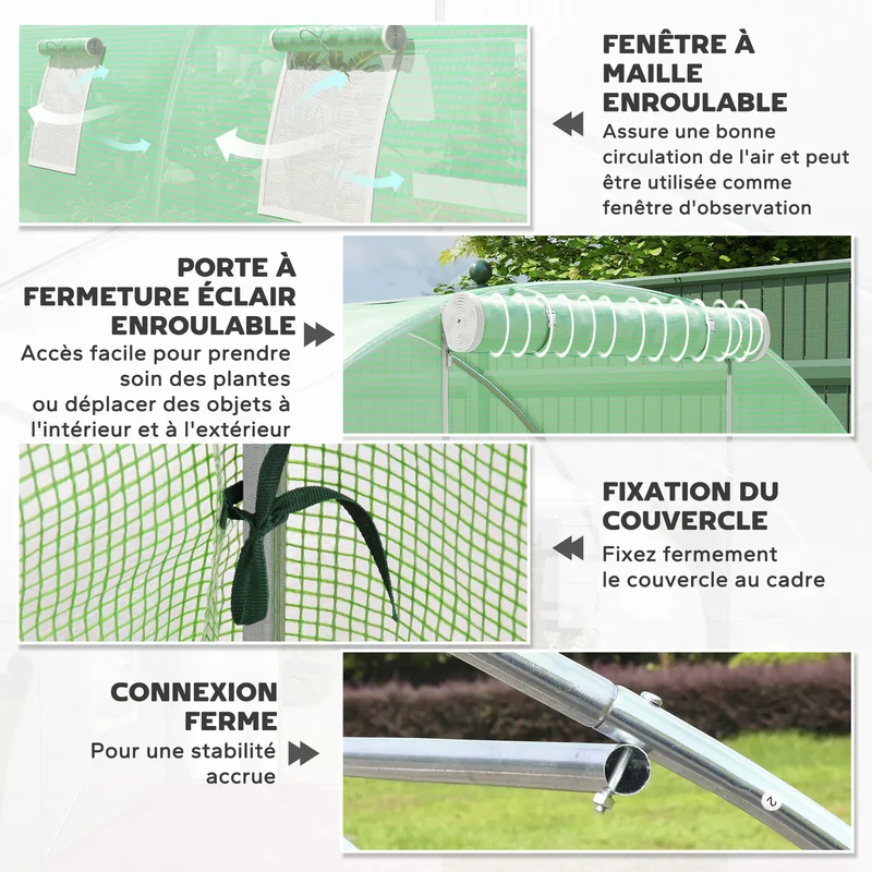 Serre Tunnel de Jardin 18 m² (6 × 3 × 2 m) – 8 Fenêtres, Porte Zippée, Acier Galvanisé & Bâche PE Anti-UV
