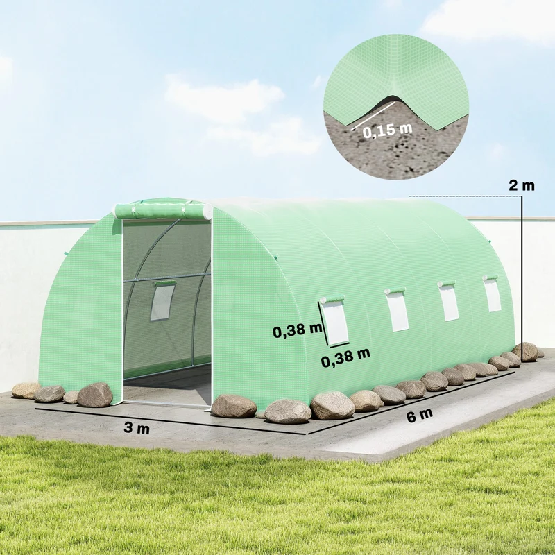 Serre Tunnel de Jardin 18 m² (6 × 3 × 2 m) – 8 Fenêtres, Porte Zippée, Acier Galvanisé & Bâche PE Anti-UV