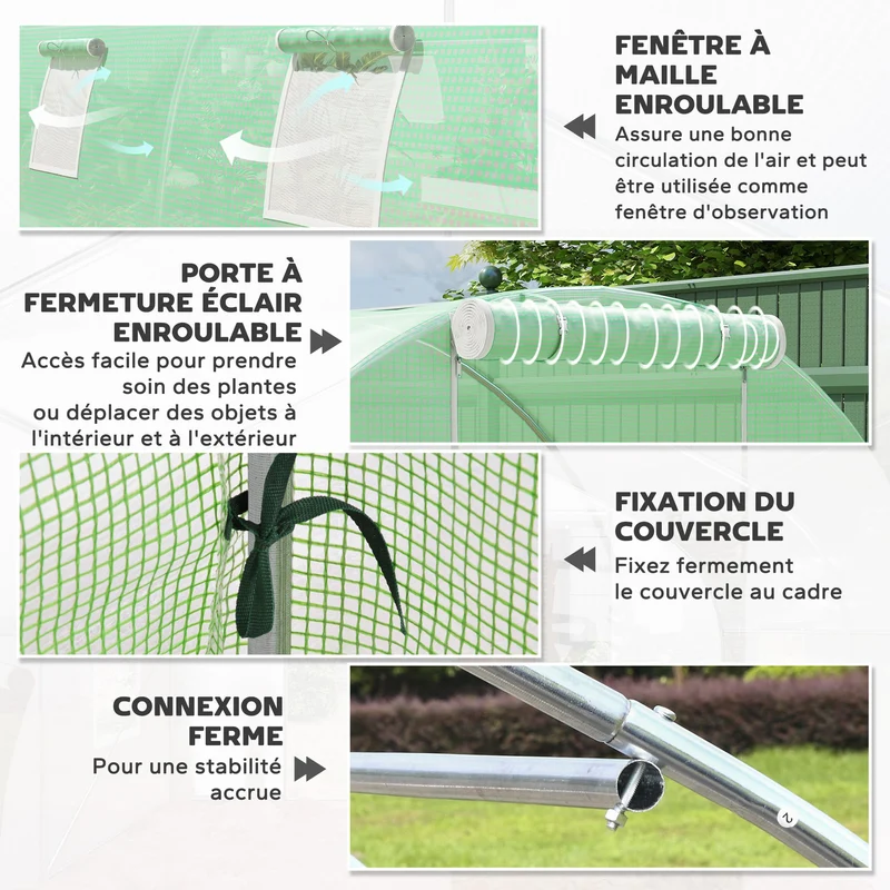 Serre Tunnel de Jardin 18 m² (6 × 3 × 2 m) – 8 Fenêtres, Porte Zippée, Acier Galvanisé & Bâche PE Anti-UV
