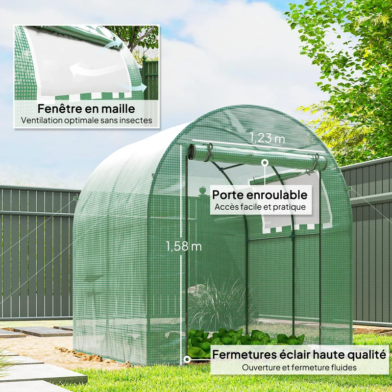 Serre de Jardin Tunnel 180 x 180 x 200 cm – Acier ; Bâche PE, Porte et Fenêtre Enroulables