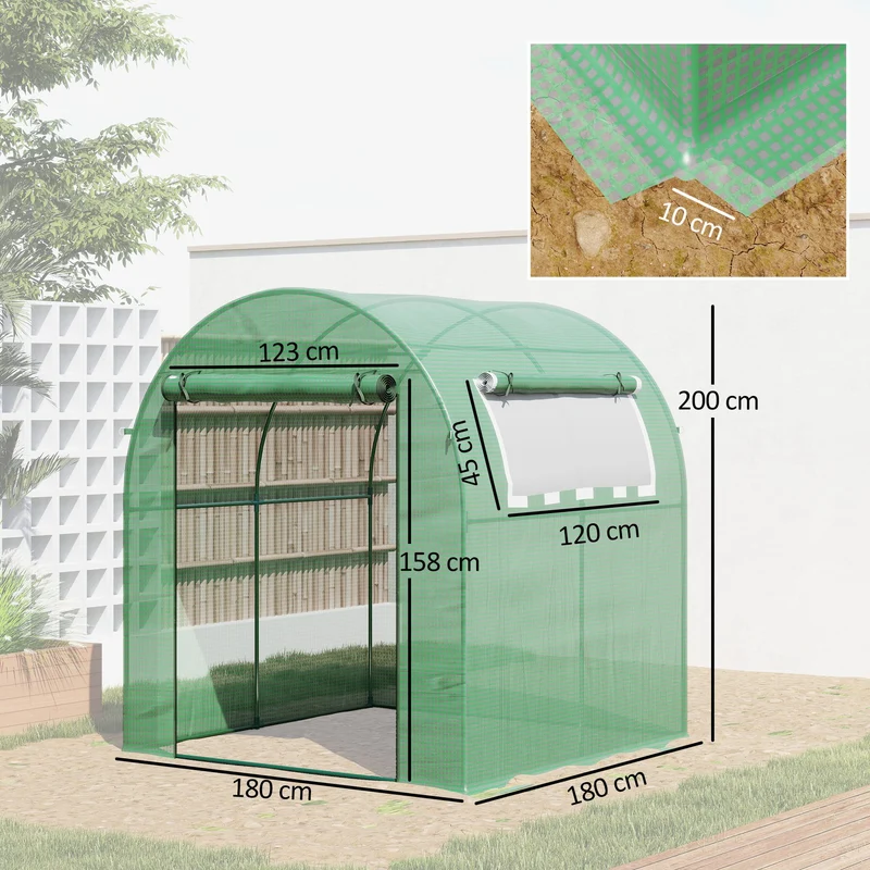 Serre de Jardin Tunnel 180 x 180 x 200 cm – Acier ; Bâche PE, Porte et Fenêtre Enroulables