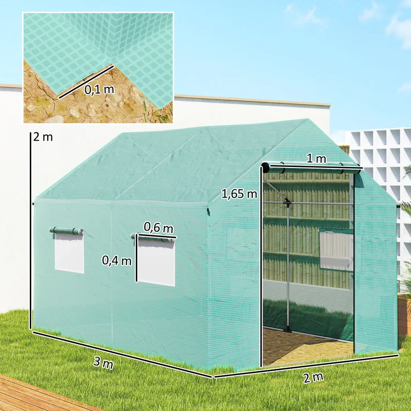 Serre de Jardin Tunnel 6 m² (2 × 3 m) — Bâche PE Anti-UV, 4 Fenêtres, Porte Enroulable, Armature Acier Galvanisé