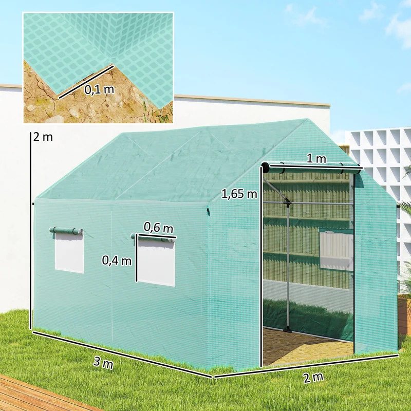 Serre de Jardin Tunnel 6 m² (2 × 3 m) — Bâche PE Anti-UV, 4 Fenêtres, Porte Enroulable, Armature Acier Galvanisé