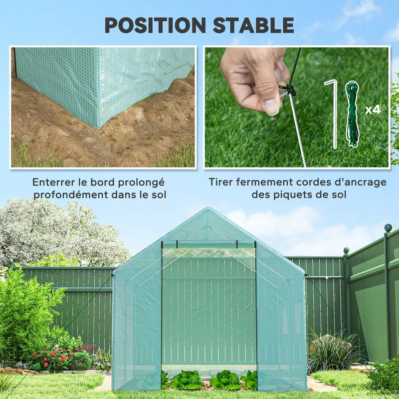 Serre de Jardin Tunnel 6 m² (2 × 3 m) — Bâche PE Anti-UV, 4 Fenêtres, Porte Enroulable, Armature Acier Galvanisé