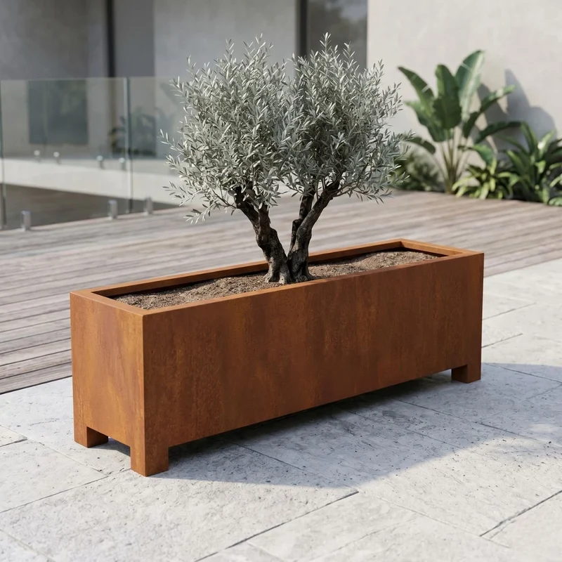 Jardinière en acier corten allongée avec pieds 200x50x60 cm