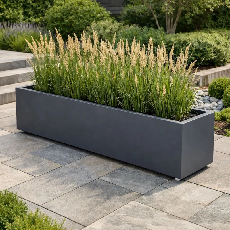 GARDRA Jardinière en polyester grise noire avec roulettes 200x40x40 cm RAL 7021