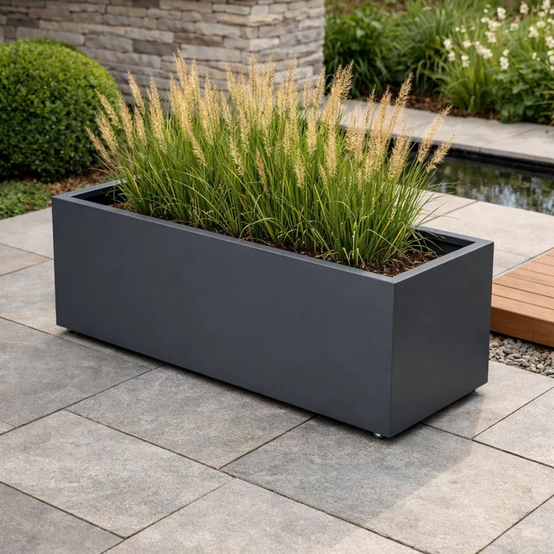 GARDRA Jardinière en polyester grise noire avec roulettes 120x50x40 cm RAL 7021