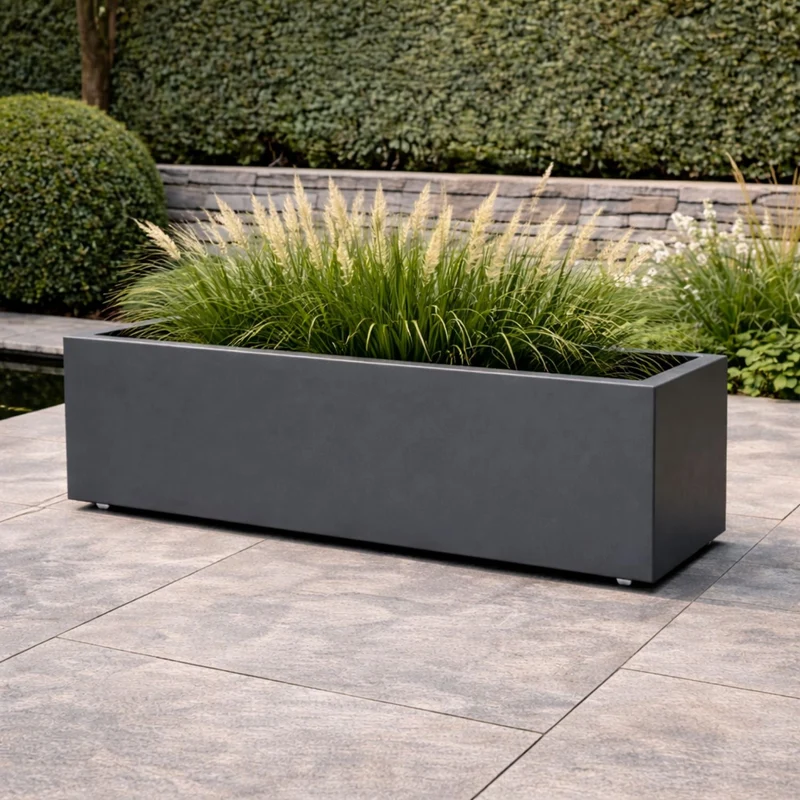 GARDRA Jardinière en polyester grise noire avec roulettes 150x50x60 cm RAL 7021