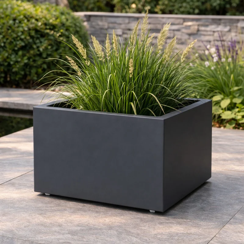 GARDRA Jardinière en polyester grise noire avec roulettes 80x80x60 cm RAL 7021