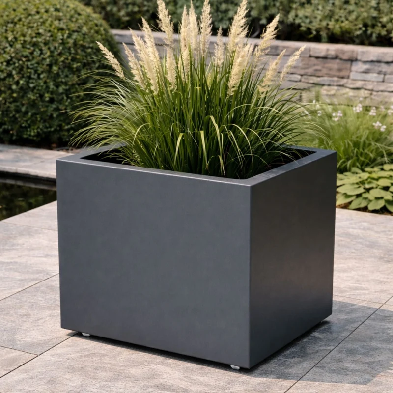 GARDRA Jardinière en polyester grise noire avec roulettes 80x80x80 cm RAL 7021