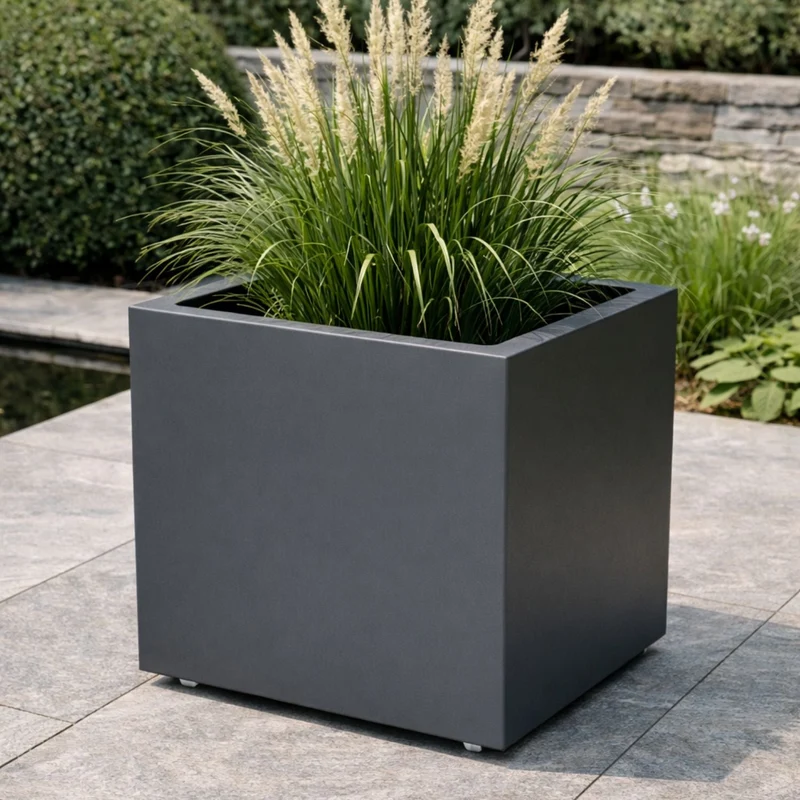 GARDRA Jardinière en polyester grise noire avec roulettes 70x70x70 cm RAL 7021