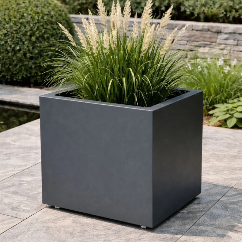 GARDRA Jardinière en polyester grise noire avec roulettes 60x60x60 cm RAL 7021