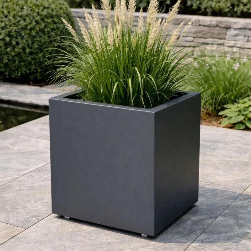 GARDRA Jardinière en polyester grise noire avec roulettes 50x50x50 cm RAL 7021