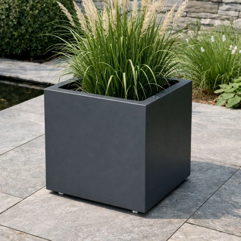 GARDRA Jardinière en polyester grise noire avec roulettes 40x40x40 cm RAL 7021