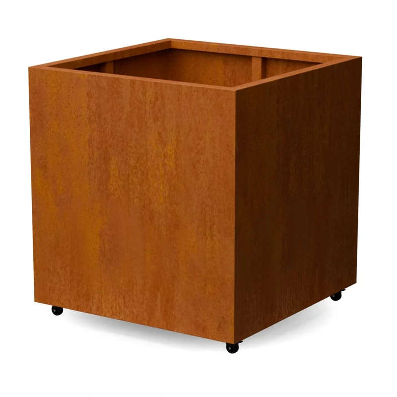 Jardinière en acier corten carrée avec roulettes 100x100x100 cm