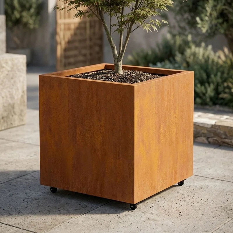 Jardinière en acier corten carrée avec roulettes 80x80x80 cm