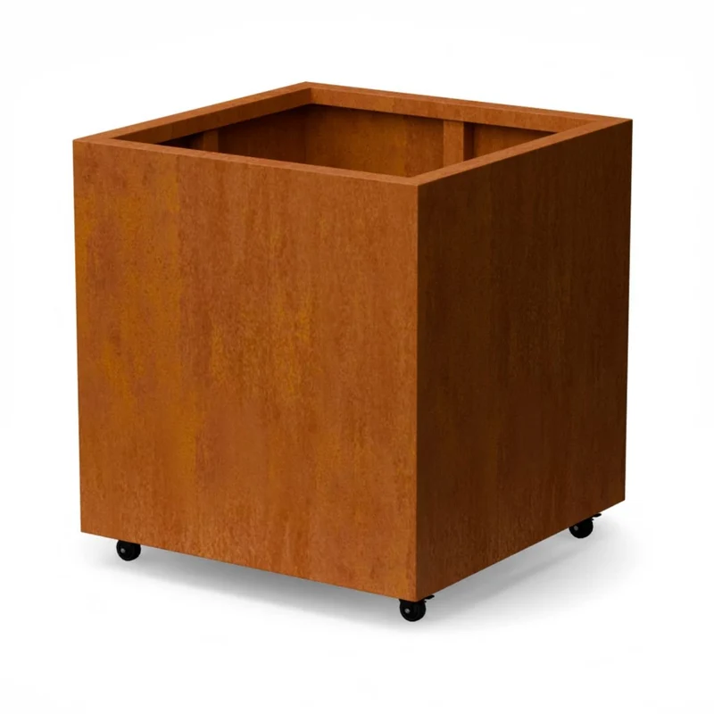 Jardinière en acier corten carrée avec roulettes 80x80x80 cm