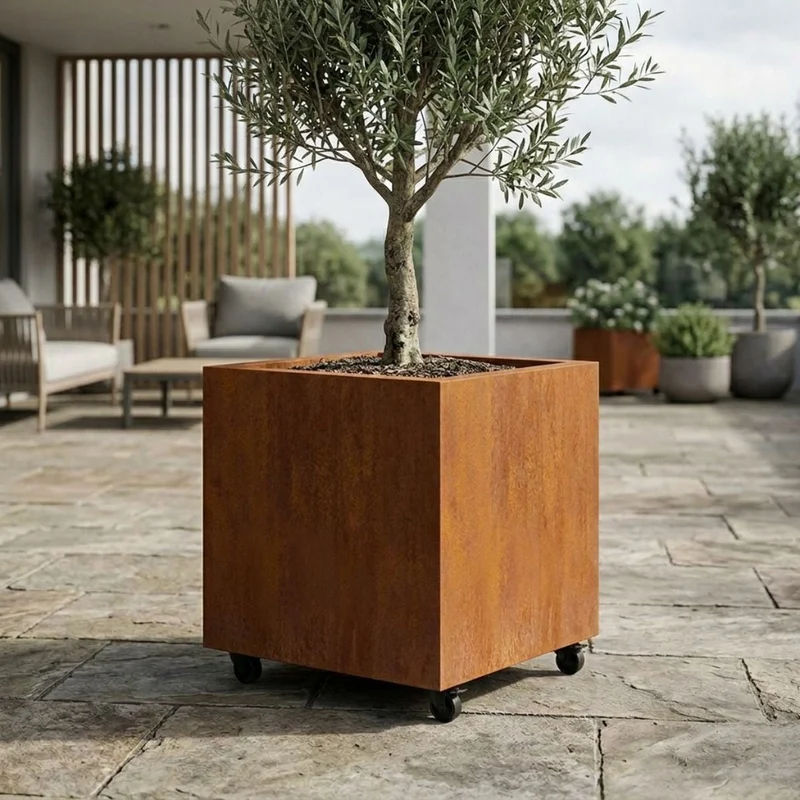 Jardinière en acier corten carrée avec roulettes 60x60x60 cm